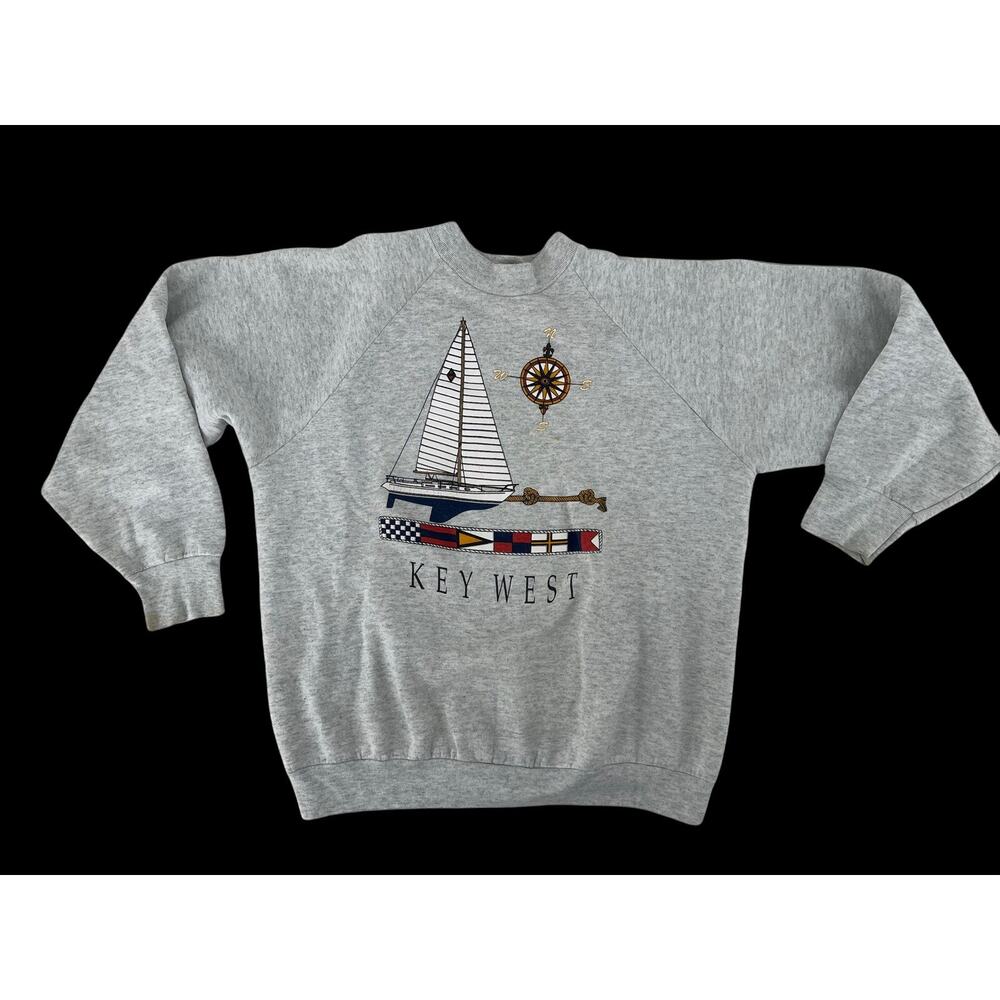 Vtg 90's Heather Gray Key West Yacht Sailing Raglan Pullover Sweatshirt USA L